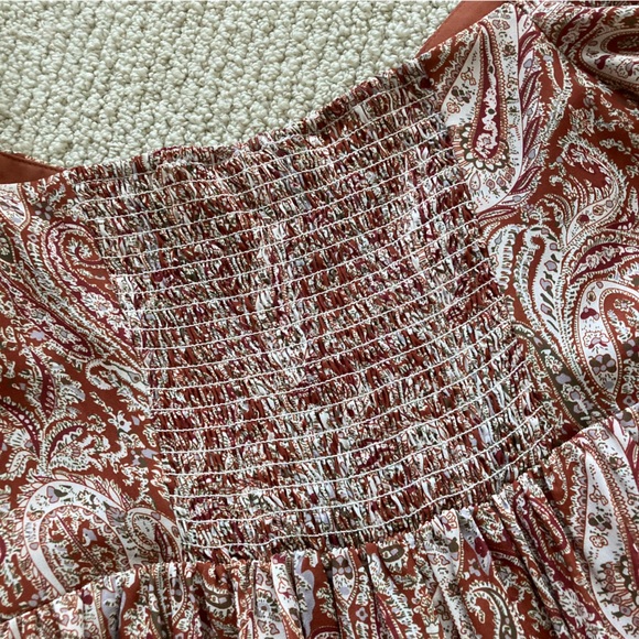 Gianni Bini Smocked Puff Sleeve Dress Square Neck Paisley Brown Size Large VEUC - Picture 10 of 12